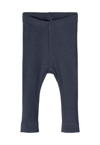 Sötét szürke bordázott anyagú baba leggings, elasztikus derékkal és egyenes lábkávákkal, fehér háttérre fektetve.