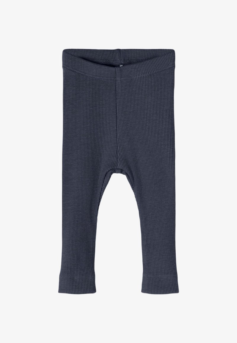 Sötét szürke bordázott anyagú baba leggings, elasztikus derékkal és egyenes lábkávákkal, fehér háttérre fektetve.