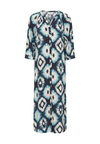 Rochie camasa cu nasturi, de culoare bleumarin inchis, cu un model tie-dye care prezinta forme de diamante albe si bleu deschis. Maneci trei sferturi si material moale.