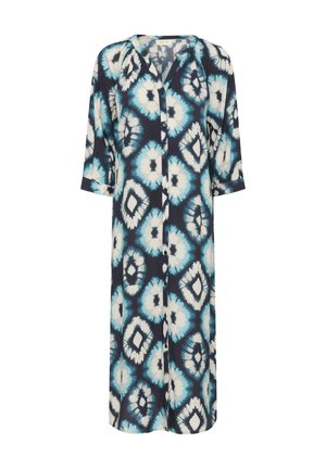 Abito camicia a bottoni di colore blu scuro con motivo tie-dye caratterizzato da forme a diamante bianche e blu chiaro. Maniche a tre quarti e tessuto morbido.