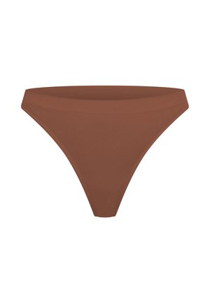 Parte inferior de bikini marrón con un diseño sin costuras, con un ajuste moderado y cobertura mínima. Fabricada con un material suave y elástico para mayor comodidad.