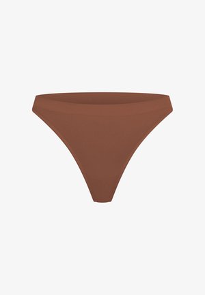 Brauner Bikini-Unterteil mit nahtlosem Design, mittlerem Bund und minimaler Abdeckung. Hergestellt aus weichem, elastischem Material für zusätzlichen Komfort.