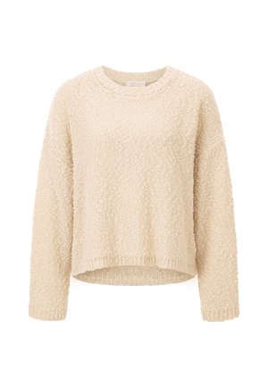 Maglione beige lavorato a maglia con una finitura morbida e testurizzata. Presenta un collo rotondo, maniche lunghe e un orlo leggermente accorciato. Senza chiusure visibili.