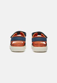 Rückansicht von blauen und orangefarbenen Sandalen mit Klettverschluss, Gummisohlen, strukturiertem Fußbett und offenem Fersenbereich für Atmungsaktivität.