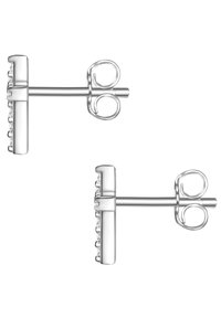 Silberne Ohrstecker mit rechteckigem Design, ausgestattet mit fünf kleinen klaren Kristallen, die mit einer Butterfly-Verschluss befestigt sind.