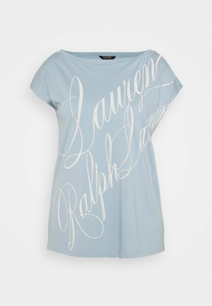 Light blue short-sleeve t-shirt made of soft fabric, featuring large white cursive text. Relaxed, loose fit with a round neckline.