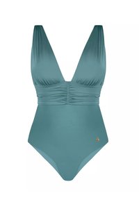 Jednoczęściowy strój kąpielowy w kolorze teal, z głębokim dekoltem w kształcie V, marszczoną górą i logo na biodrze. Gładki, elastyczny materiał.