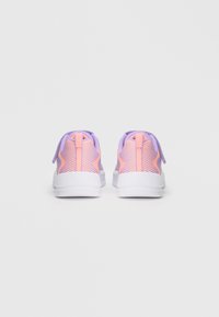Purple and orange athletic shoes with a striped pattern, rounded toe, padded collar, and white sole. Back view showcases two pull tabs.