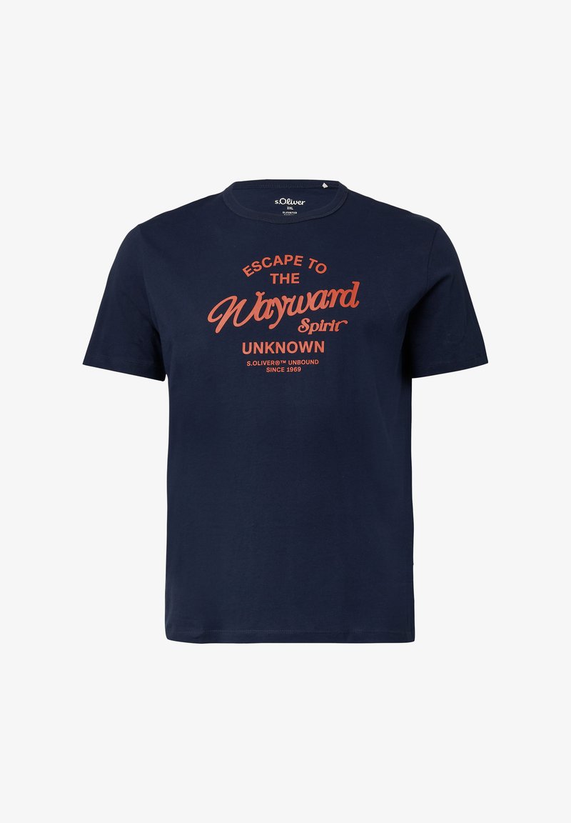 T-shirt en coton bleu marine avec un col rond, des manches courtes, et un texte rouge portant la mention "Échappez-vous vers l'Esprit Vagabond INCONNU" sur le devant.