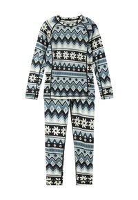 Thermo-Langarm-Set mit einem geometrischen Muster in Blau, Schwarz und Creme. Hergestellt aus elastischem Stoff, mit einem einfarbigen Rundhalsausschnitt.