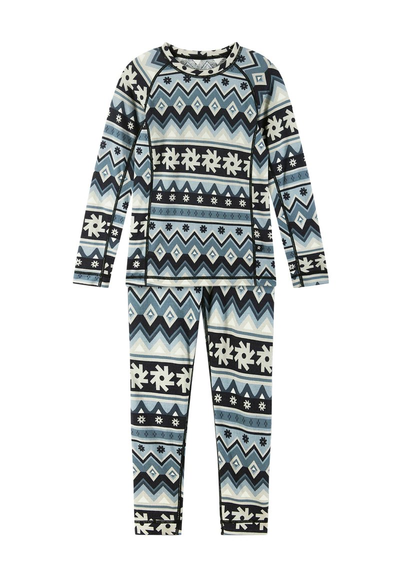 Thermo-Langarm-Set mit einem geometrischen Muster in Blau, Schwarz und Creme. Hergestellt aus elastischem Stoff, mit einem einfarbigen Rundhalsausschnitt.