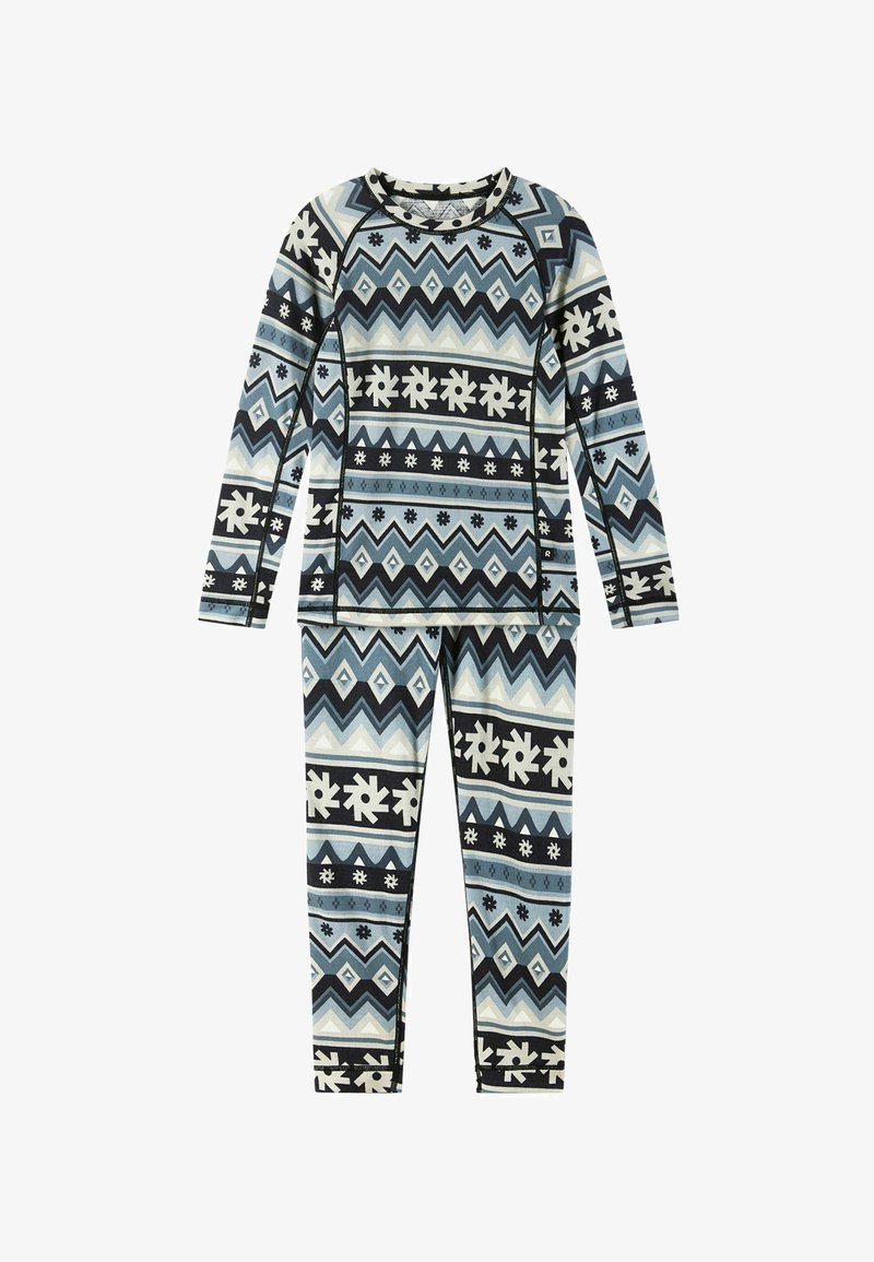 Thermo-Langarm-Set mit einem geometrischen Muster in Blau, Schwarz und Creme. Hergestellt aus elastischem Stoff, mit einem einfarbigen Rundhalsausschnitt.