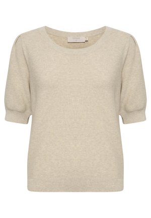 Svijetlo bež pulover izrađen od pletiva. Ima okrugli izrez i kratke puf rukave. Jednostavno, rebrasto završavanje na rubu. Oznaka vidljiva.