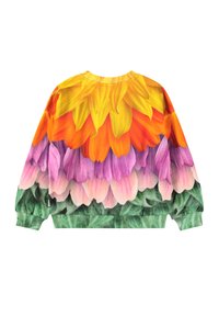 Színes pulóver virágmintával, sárga, narancs, rózsaszín és zöld árnyalatokkal, hosszú ujjakkal és kerek nyakkivágással.