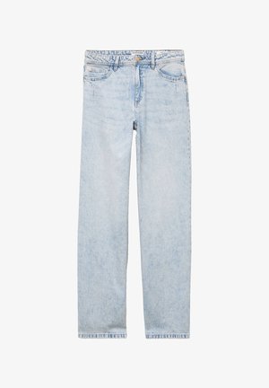 Jeans de pierna recta de cintura alta en azul claro, con bolsillos delanteros, trabillas para cinturón y cierre delantero con botón y cremallera.