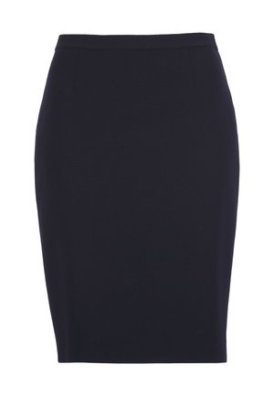 Črna ravno krojena krilo do kolen s prilegajočim pasom, gladkim materialom in brez vidnih vzorcev ali okraskov.