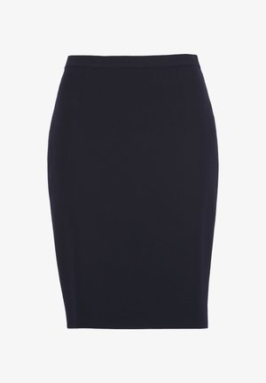 Črna ravno krojena krilo do kolen s prilegajočim pasom, gladkim materialom in brez vidnih vzorcev ali okraskov.