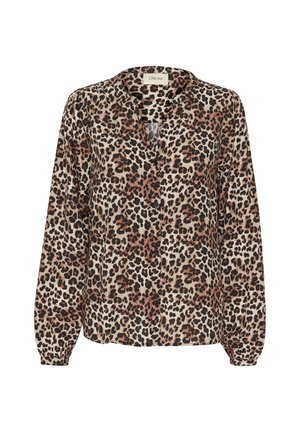 Long-sleeved leopard print blouse in shades of brown and cream, featuring a button-down front and a relaxed fit. Soft, lightweight fabric.