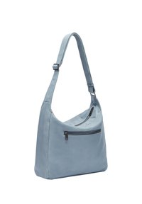 Borsa a spalla in pelle azzurro chiaro con una sola tracolla regolabile, dotata di una tasca con zip sul fronte e una texture morbida e liscia.