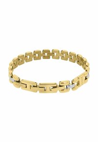 Bracciale in metallo dorato con anelli rettangolari intrecciati, caratterizzato da un anello in accento argento e logo del brand inciso. Texture liscia.