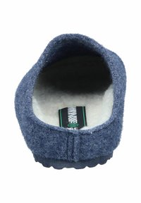 Blue felt slipper with a soft white interior lining. Rounded shape and low profile design. Flexible rubber sole with textured grip.