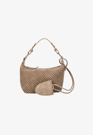 Beige gestructureerde schoudertas met touwachtig patroon, verstelbare band, ritssluiting en bijpassend klein zakje dat met een koord is bevestigd.