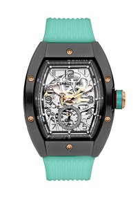 Orologio Cerruti 881 con cassa geometrica nera, quadrante trasparente, dettagli dorati e cinturino in gomma teal con scanalature.