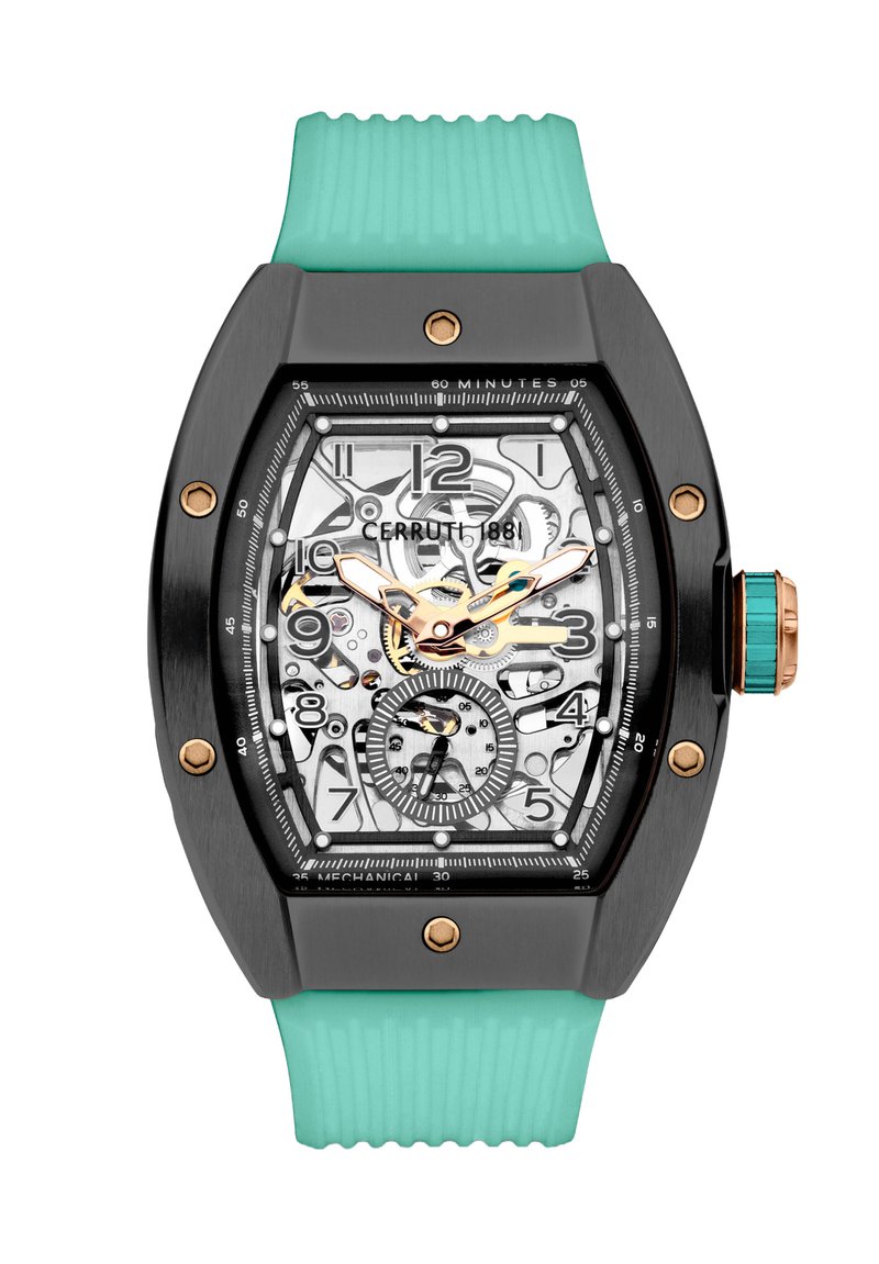 Orologio Cerruti 881 con cassa geometrica nera, quadrante trasparente, dettagli dorati e cinturino in gomma teal con scanalature.