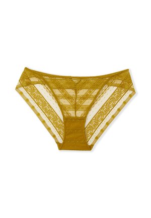 Koronkowe majtki w kolorze musztardowym, z misternymi wzorami i przezroczystymi panelami; miękki materiał z kwiatowym motywem i elastycznym pasem.