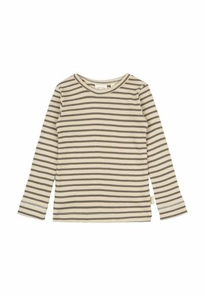 Langarm gestreiftes Hemd in Creme und Oliv. Gerippte Textur, runder Halsausschnitt und genähter Saum. Mit kontrastierenden horizontalen Streifen.