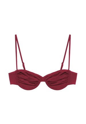 Bordowy biustonosz z fiszbinami, z marszczonymi miseczkami i regulowanymi cienkimi ramiączkami, zaprojektowany dla wsparcia i stylu.