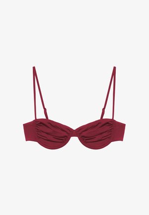 Bordó színű merevítős melltartó ráncolt kosarakkal és állítható vékony vállpántokkal, a támogatás és a stílus jegyében tervezve.