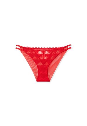 Red sheer lace bikini with scalloped edges, dual side straps, and a smooth front panel. Lightweight, semi-transparent fabric.