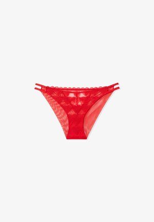 Red sheer lace bikini with scalloped edges, dual side straps, and a smooth front panel. Lightweight, semi-transparent fabric.