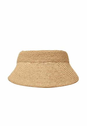 Wide-brimmed tan woven straw sun visor hat with circular braided pattern, designed for sun protection and summer wear.