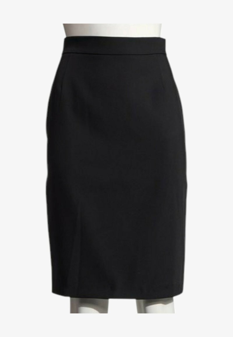 Jupe crayon noire longueur genou avec une taille cintrée et sans motifs ni embellissements visibles.