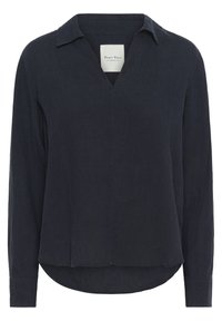 Dark navy long-sleeve shirt with a V-neck and collared design. Made from lightweight fabric, featuring a rounded hem and subtle texture.