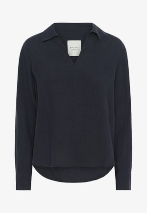 Tumedast meresinise värviga pikad varrukad särk V-kaeluse ja kraega disainiga. Valmistatud kergetest kangast, ümardatud äärega ja peene tekstuuriga.