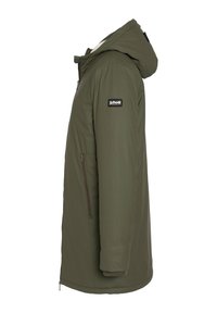 Abrigo de invierno con capucha en verde oliva, con bolsillos con cremallera y parche del logo Schott en el brazo superior izquierdo, mostrado de lado.