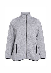 Gray zip-up jacket in textured fabric, featuring a stand-up collar, black zipper, and side pockets with black accents. Smooth finish, loose fit.