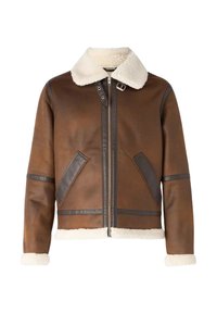 Giacca bomber in pelle marrone con colletto e polsini in shearling, dotata di chiusura frontale con zip, due tasche a toppa curve e dettagli in pelle.