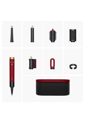Roter und schwarzer Haarstyler mit mehreren abnehmbaren Aufsätzen, darunter Lockenstäbe, Rundbürsten, Diffusor und Aufbewahrungsbox.