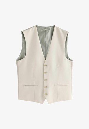 Chaleco beige con un exterior texturizado, cinco botones dorados en el frente y dos bolsillos laterales; cuenta con un forro de satén verde suave.