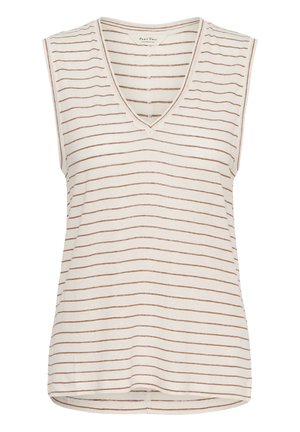 Top de mujer sin mangas color crema con finas rayas marrones horizontales y escote en V.