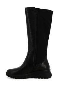 Stivale nero alto in pelle con zip laterale, punta arrotondata e suola piatta in gomma, progettato per comfort e stile.