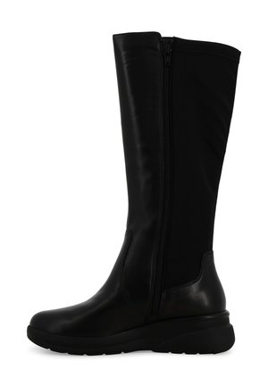 Stivale nero alto in pelle con zip laterale, punta arrotondata e suola piatta in gomma, progettato per comfort e stile.