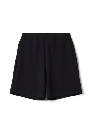 Pantaloncini neri di lunghezza media con vita elastica e tasche laterali, mostrati distesi su uno sfondo bianco.