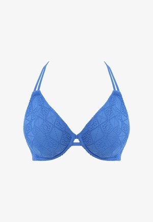 Blå blondebh med en trekantet form, der har teksturerede mønstre, justerbare dobbeltstropper og en central forbindelsesdetalje.