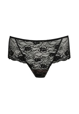 Black lace panties featuring a floral pattern with scalloped edges, semi-sheer texture, and a triangular shape.