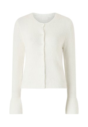 Weißer Langarm-Cardigan mit rundem Ausschnitt, vorderer Knopfleiste, strukturierter Strickware und ausgestellten Bündchen.